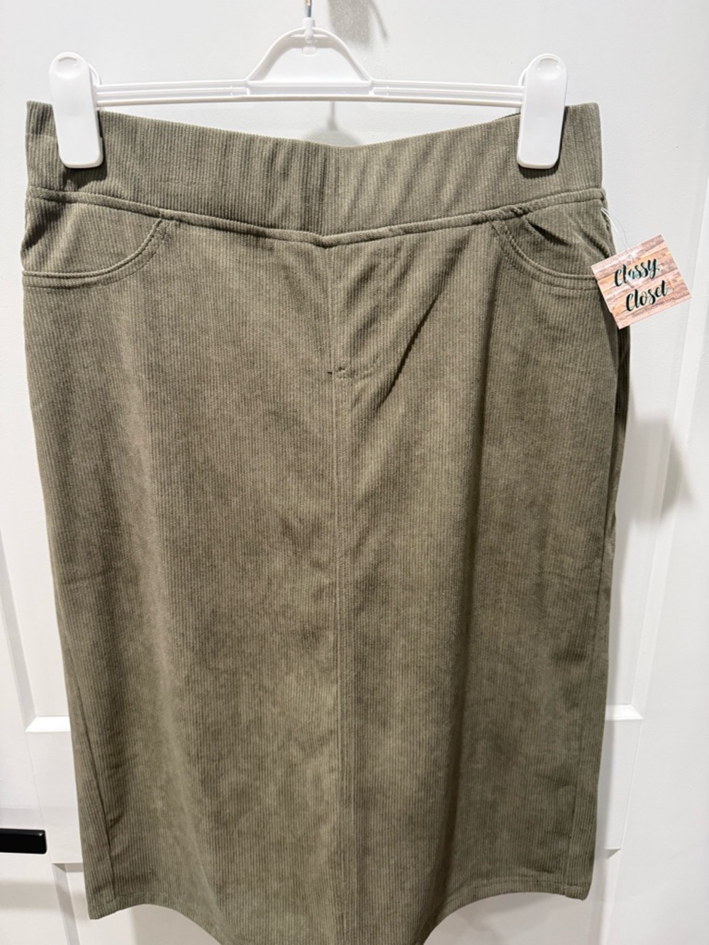 BE Girl Moss Olive Green Women's Corduroy pencil Skirt elastic waist size Xl